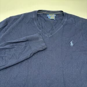 Polo Ralph Lauren Large Navy Blue Merino‎ Wool V-Neck Long Sleeve Sweater